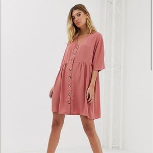 ASOS DESIGN v neck button through mini smock dress